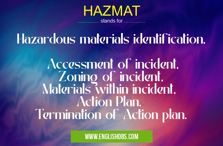 HAZMAT means Hazardous materials identification,
Accessment of incident,
Zoning of incident,
Materials within incident,
Action Plan,
Termination of Action plan. HAZMAT
