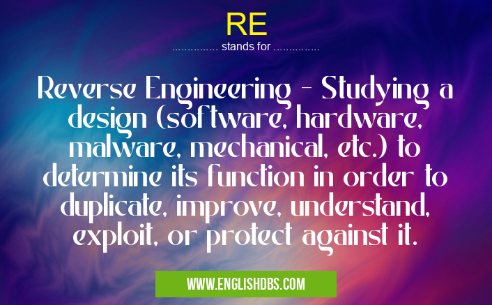 RE means Reverse Engineering - Studying a design (software, hardware, malware, mechanical, etc.) to determine its function in order to duplicate, improve, understand, exploit, or protect against it. RE