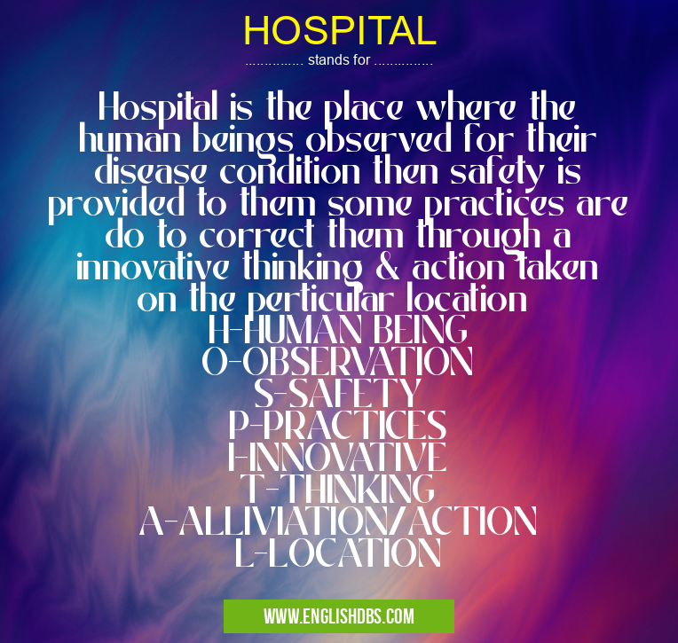 HOSPITAL means Hospital is the place where the human beings observed for their disease condition then safety is provided to them some practices are do to correct them through a innovative thinking & action taken on the perticular location
H-HUMAN BEING
O-OBSERVATION
S-SAFETY
P-PRACTICES
I-INNOVATIVE
T-THINKING
A-ALLIVIATION/ACTION
L-LOCATION HOSPITAL
