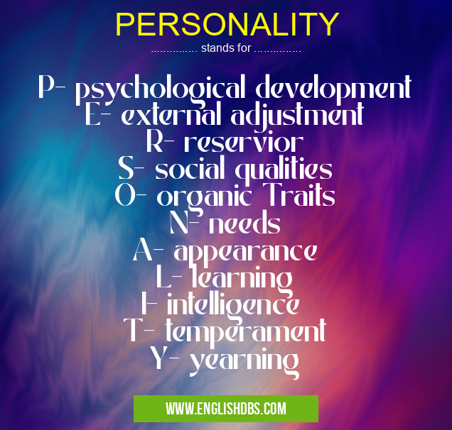 PERSONALITY means P- psychological development
E- external adjustment
R- reservior
S- social qualities
O- organic Traits
N- needs
A- appearance
L- learning
I- intelligence
T- temperament
Y- yearning PERSONALITY
