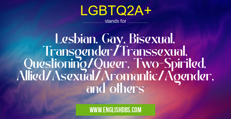 LGBTQ2A+ means Lesbian, Gay, Bisexual, Transgender/Transsexual, Questioning/Queer, Two-Spirited, Allied/Asexual/Aromantic/Agender, and others LGBTQ2A+