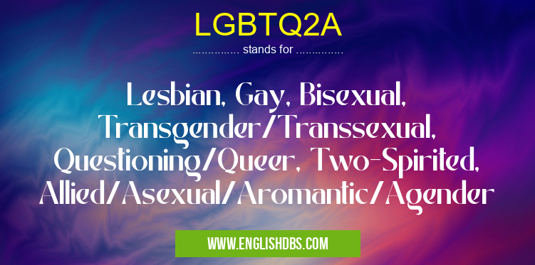 LGBTQ2A means Lesbian, Gay, Bisexual, Transgender/Transsexual, Questioning/Queer, Two-Spirited, Allied/Asexual/Aromantic/Agender LGBTQ2A