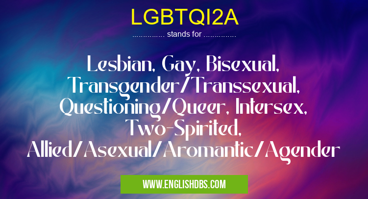LGBTQI2A means Lesbian, Gay, Bisexual, Transgender/Transsexual, Questioning/Queer, Intersex, Two-Spirited, Allied/Asexual/Aromantic/Agender LGBTQI2A