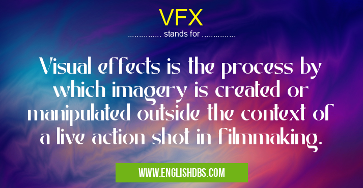 VFX means Visual effects is the process by which imagery is created or manipulated outside the context of a live action shot in filmmaking. VFX