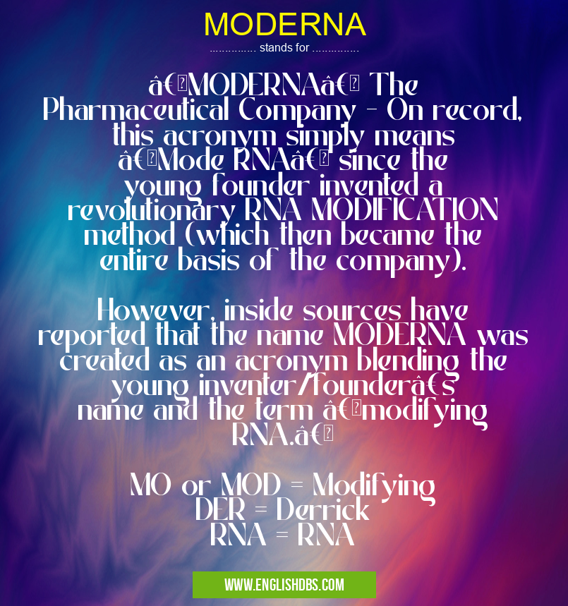 MODERNA means “MODERNA†The Pharmaceutical Company - On record, this acronym simply means “Mode RNA†since the young founder invented a revolutionary RNA MODIFICATION method (which then became the entire basis of the company).
However, inside sources have reported that the name MODERNA was created as an acronym blending the young inventer/founder’s name and the term “modifying RNA.â€
MO or MOD = Modifying
DER = Derrick
RNA = RNA MODERNA