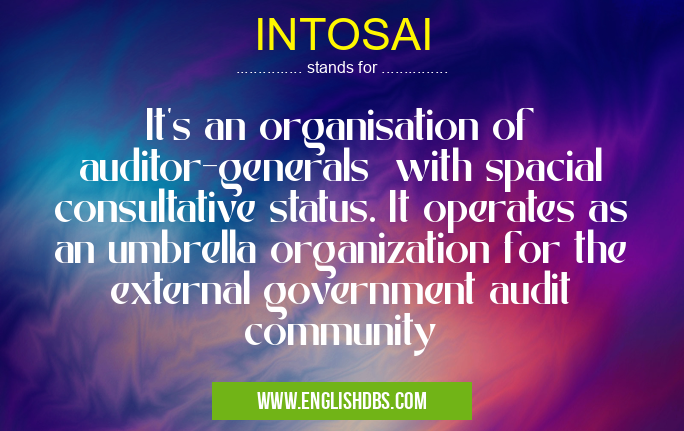 INTOSAI means It's an organisation of auditor-generals with spacial consultative status. It operates as an umbrella organization for the external government audit community INTOSAI