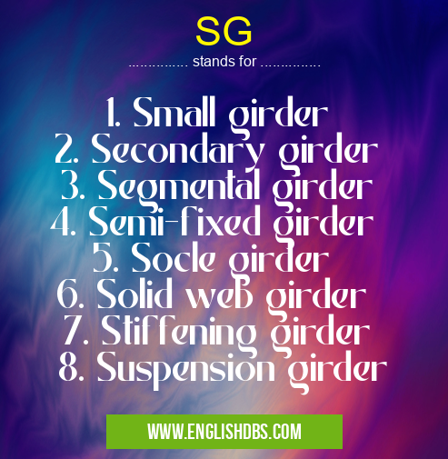 SG means 1. Small girder
2. Secondary girder
3. Segmental girder
4. Semi-fixed girder
5. Socle girder
6. Solid web girder
7. Stiffening girder
8. Suspension girder SG