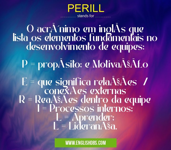 PERILL means O acrônimo em inglês que lista os elementos fundamentais no desenvolvimento de equipes:
P = propósito; e Motivação
E = que significa relações / conexões externas
R = Reações dentro da equipe
I = Processos internos;
L = Aprender;
L = Liderança. PERILL