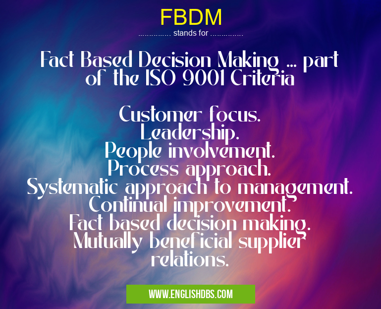 FBDM means Fact Based Decision Making ... part of the ISO 9001 Criteria
Customer focus.
Leadership.
People involvement.
Process approach.
Systematic approach to management.
Continual improvement.
Fact based decision making.
Mutually beneficial supplier relations. FBDM