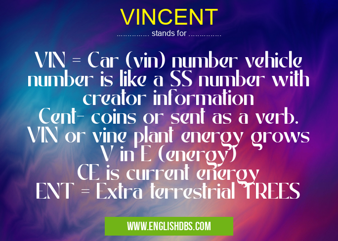 VINCENT means VIN = Car (vin) number vehicle number is like a SS number with creator information
Cent- coins or sent as a verb.
VIN or vine plant energy grows
V in E (energy)
CE is current energy
ENT = Extra terrestrial TREES VINCENT