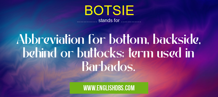 BOTSIE means Abbreviation for bottom, backside, behind or buttocks; term used in Barbados. BOTSIE