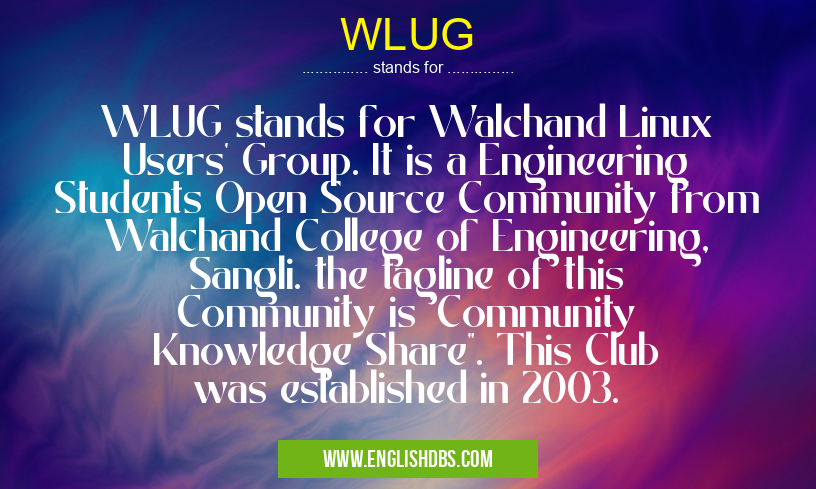 WLUG means WLUG stands for Walchand Linux Users' Group. It is a Engineering Students Open Source Community from Walchand College of Engineering, Sangli. the tagline of this Community is "Community Knowledge Share". This Club was established in 2003. WLUG