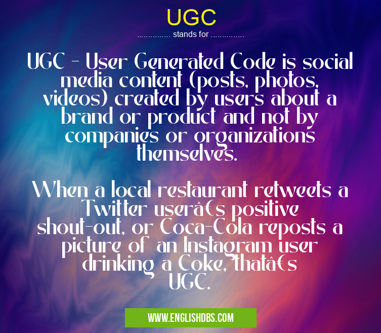 UGC means UGC - User Generated Code is social media content (posts, photos, videos) created by users about a brand or product and not by companies or organizations themselves.
When a local restaurant retweets a Twitter user’s positive shout-out, or Coca-Cola reposts a picture of an Instagram user drinking a Coke, that’s UGC. UGC