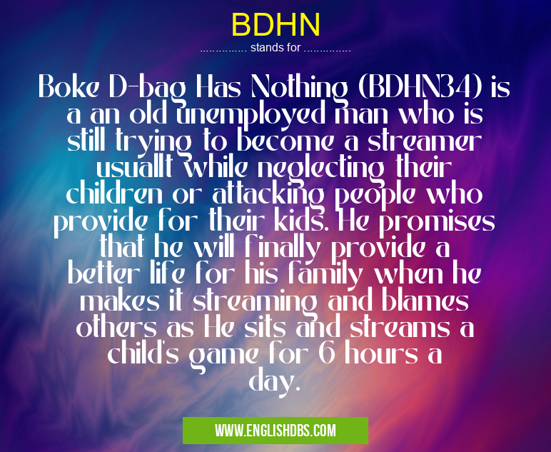 BDHN means Boke D-bag Has Nothing (BDHN34) is a an old unemployed man who is still trying to become a streamer usuallt while neglecting their children or attacking people who provide for their kids. He promises that he will finally provide a better life for his family when he makes it streaming and blames others as He sits and streams a child's game for 6 hours a day. BDHN