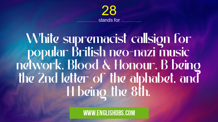 28 means White supremacist callsign for popular British neo-nazi music network, Blood & Honour. B being the 2nd letter of the alphabet, and H being the 8th. 28