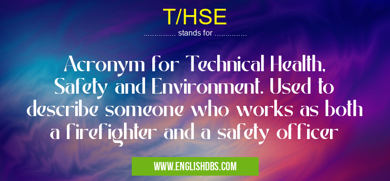 T/HSE means Acronym for Technical Health, Safety and Environment. Used to describe someone who works as both a firefighter and a safety officer T/HSE