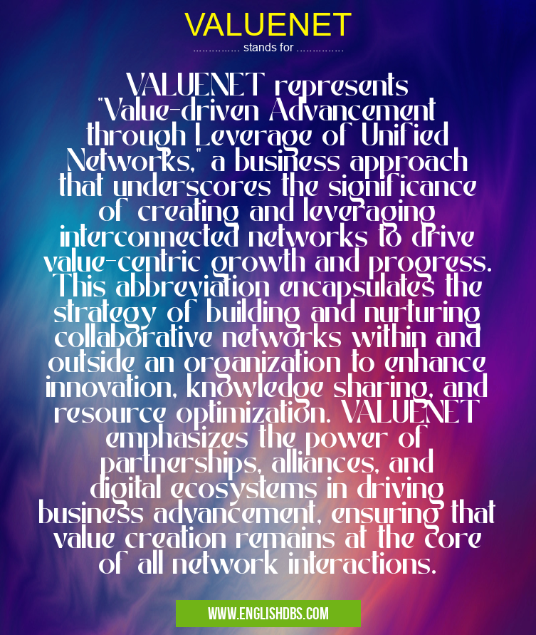 VALUENET means VALUENET represents "Value-driven Advancement through Leverage of Unified Networks," a business approach that underscores the significance of creating and leveraging interconnected networks to drive value-centric growth and progress. This abbreviation encapsulates the strategy of building and nurturing collaborative networks within and outside an organization to enhance innovation, knowledge sharing, and resource optimization. VALUENET emphasizes the power of partnerships, alliances, and digital ecosystems in driving business advancement, ensuring that value creation remains at the core of all network interactions. VALUENET