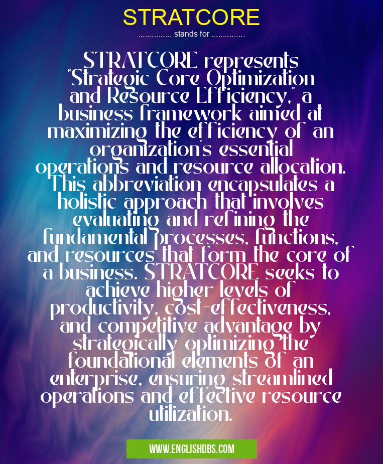 STRATCORE means STRATCORE represents "Strategic Core Optimization and Resource Efficiency," a business framework aimed at maximizing the efficiency of an organization's essential operations and resource allocation. This abbreviation encapsulates a holistic approach that involves evaluating and refining the fundamental processes, functions, and resources that form the core of a business. STRATCORE seeks to achieve higher levels of productivity, cost-effectiveness, and competitive advantage by strategically optimizing the foundational elements of an enterprise, ensuring streamlined operations and effective resource utilization. STRATCORE