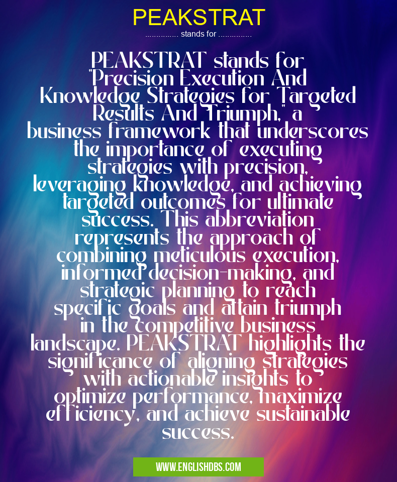 PEAKSTRAT means PEAKSTRAT stands for "Precision Execution And Knowledge Strategies for Targeted Results And Triumph," a business framework that underscores the importance of executing strategies with precision, leveraging knowledge, and achieving targeted outcomes for ultimate success. This abbreviation represents the approach of combining meticulous execution, informed decision-making, and strategic planning to reach specific goals and attain triumph in the competitive business landscape. PEAKSTRAT highlights the significance of aligning strategies with actionable insights to optimize performance, maximize efficiency, and achieve sustainable success. PEAKSTRAT