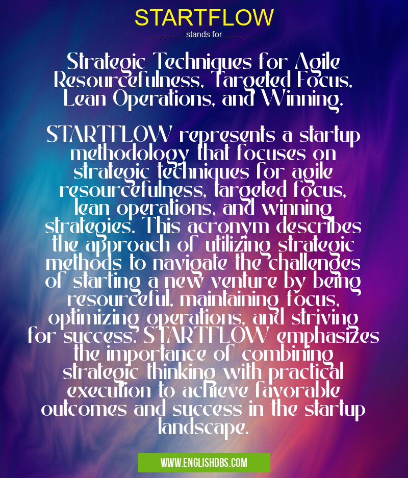 STARTFLOW means Strategic Techniques for Agile Resourcefulness, Targeted Focus, Lean Operations, and Winning.
STARTFLOW represents a startup methodology that focuses on strategic techniques for agile resourcefulness, targeted focus, lean operations, and winning strategies. This acronym describes the approach of utilizing strategic methods to navigate the challenges of starting a new venture by being resourceful, maintaining focus, optimizing operations, and striving for success. STARTFLOW emphasizes the importance of combining strategic thinking with practical execution to achieve favorable outcomes and success in the startup landscape. STARTFLOW