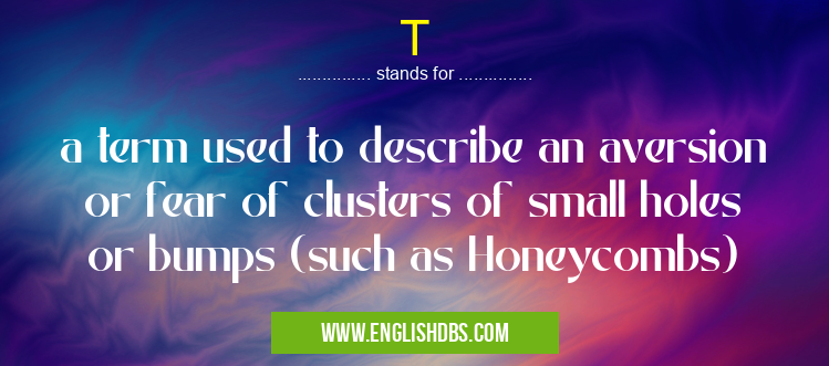 T means a term used to describe an aversion or fear of clusters of small holes or bumps (such as Honeycombs) T