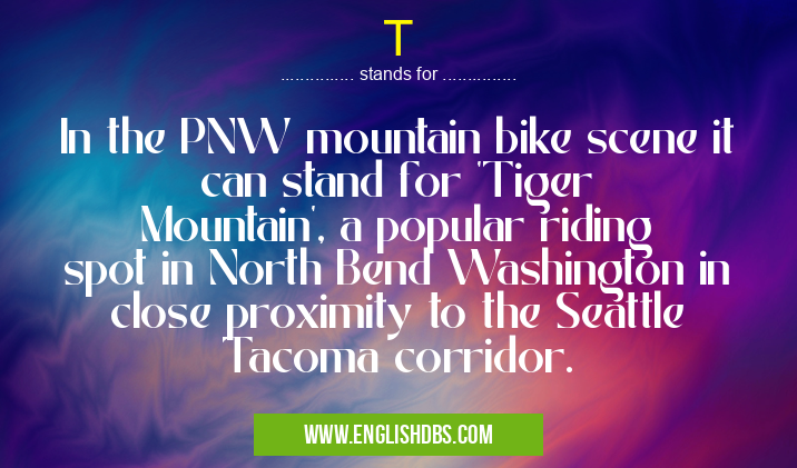 T means In the PNW mountain bike scene it can stand for 'Tiger Mountain', a popular riding spot in North Bend Washington in close proximity to the Seattle Tacoma corridor. T