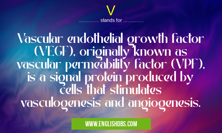 V means Vascular endothelial growth factor (VEGF), originally known as vascular permeability factor (VPF), is a signal protein produced by cells that stimulates vasculogenesis and angiogenesis. V