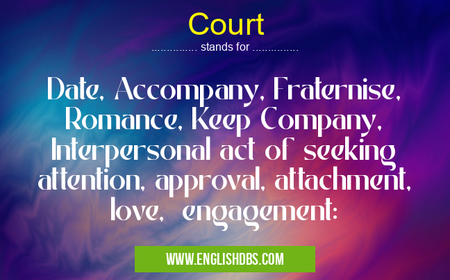 Court means Date, Accompany, Fraternise, Romance, Keep Company, Interpersonal act of seeking attention, approval, attachment, love, engagement: Court