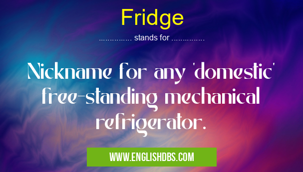 Fridge means Nickname for any 'domestic' free-standing mechanical refrigerator. Fridge