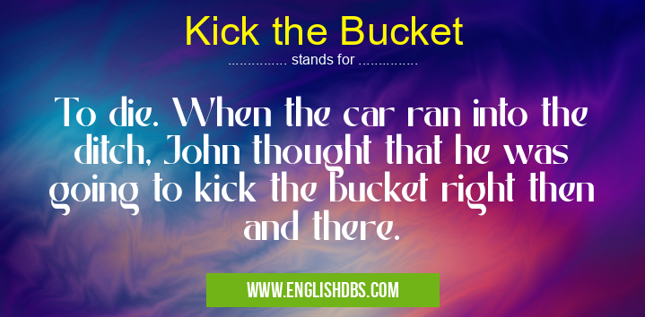Kick the Bucket means To die. When the car ran into the ditch, John thought that he was going to kick the bucket right then and there. Kick the Bucket