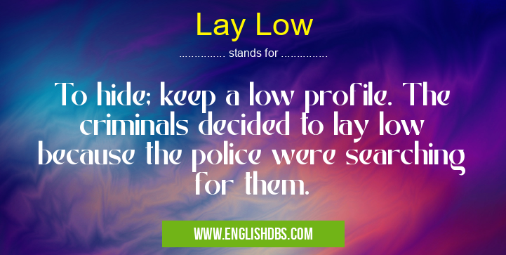 Lay Low means To hide; keep a low profile. The criminals decided to lay low because the police were searching for them. Lay Low