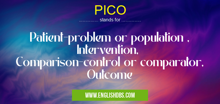 PICO means Patient-problem or population ,
Intervention,
Comparison-control or comparator,
Outcome PICO