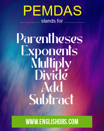 PEMDAS means Parentheses
Exponents
Multiply
Divide
Add
Subtract PEMDAS