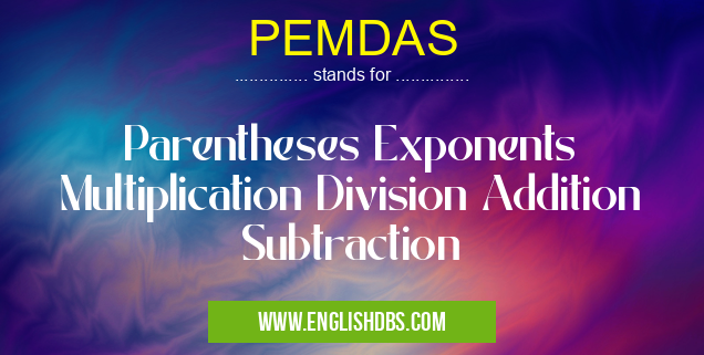 PEMDAS means Parentheses Exponents Multiplication Division Addition Subtraction PEMDAS