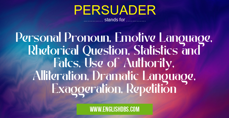 PERSUADER means Personal Pronoun, Emotive Language, Rhetorical Question, Statistics and Fatcs, Use of Authority, Alliteration, Dramatic Language, Exaggeration, Repetition PERSUADER