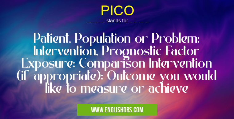PICO means Patient, Population or Problem; Intervention, Prognostic Factor Exposure; Comparison Intervention (if appropriate); Outcome you would like to measure or achieve PICO