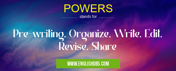 POWERS means Pre-writing, Organize, Write, Edit, Revise, Share POWERS