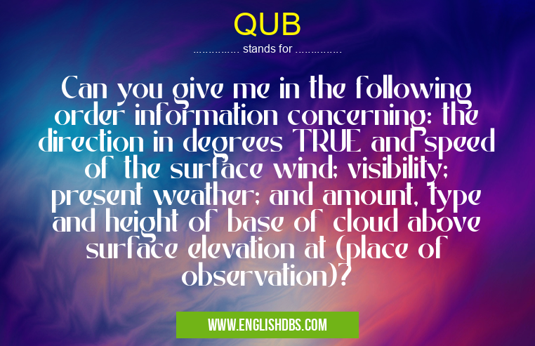 QUB means Can you give me in the following order information concerning: the direction in degrees TRUE and speed of the surface wind; visibility; present weather; and amount, type and height of base of cloud above surface elevation at (place of observation)? QUB