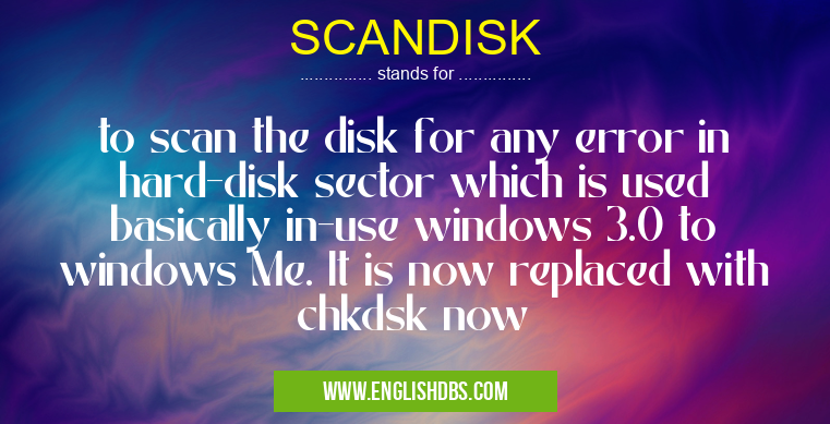 SCANDISK means to scan the disk for any error in hard-disk sector which is used basically in-use windows 3.0 to windows Me. It is now replaced with chkdsk now SCANDISK