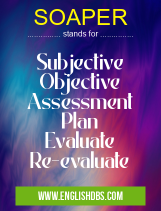 SOAPER means Subjective
Objective
Assessment
Plan
Evaluate
Re-evaluate SOAPER