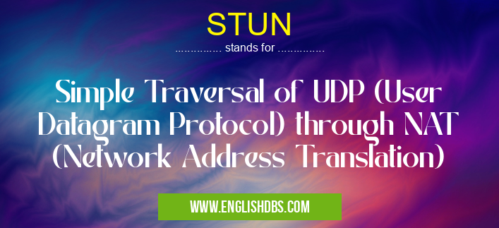 STUN means Simple Traversal of UDP (User Datagram Protocol) through NAT (Network Address Translation) STUN