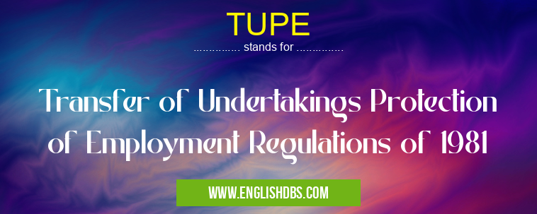 TUPE means Transfer of Undertakings Protection of Employment Regulations of 1981 TUPE