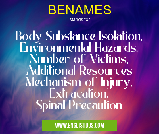 BENAMES means Body Substance Isolation,
Environmental Hazards,
Number of Victims,
Additional Resources
Mechanism of Injury,
Extracation,
Spinal Precaution BENAMES