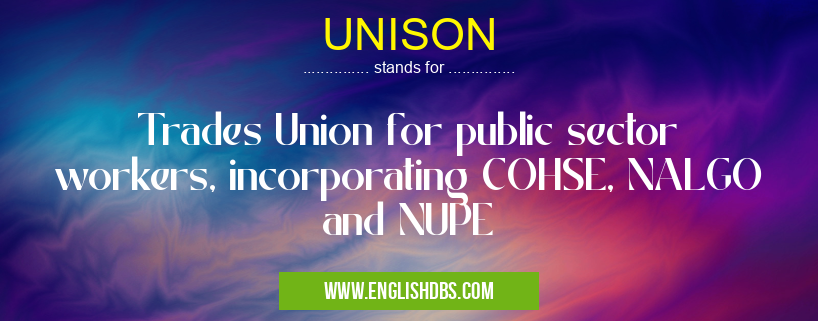 UNISON means Trades Union for public sector workers, incorporating COHSE, NALGO and NUPE UNISON