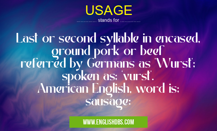 USAGE means Last or second syllable in encased, ground pork or beef
referred by Germans as 'Wurst'; spoken as; 'vurst'.
American English, word is; sausage: USAGE