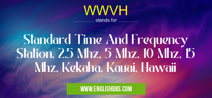 WWVH means Standard Time And Frequency Station, 2.5 Mhz, 5 Mhz, 10 Mhz, 15 Mhz, Kekaha, Kauai, Hawaii WWVH