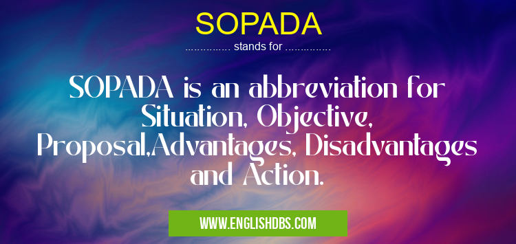 SOPADA means SOPADA is an abbreviation for Situation, Objective, Proposal,Advantages, Disadvantages and Action. SOPADA